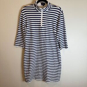 Sailor Sailor Striped 3/4 Sleeve Mock Neck Zipper Dress Navy White Women's L